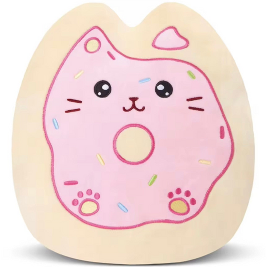 Donut-shaped plush toy with a cat face 