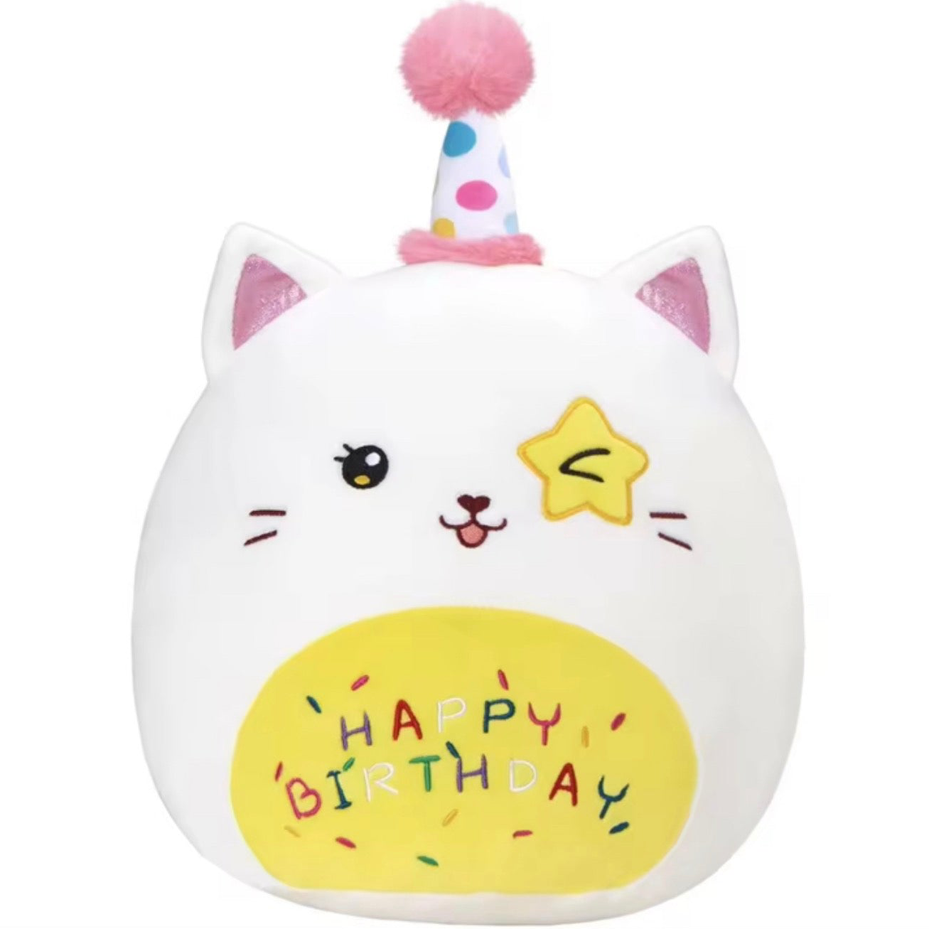 Plush toy with cat ears and a birthday hat 