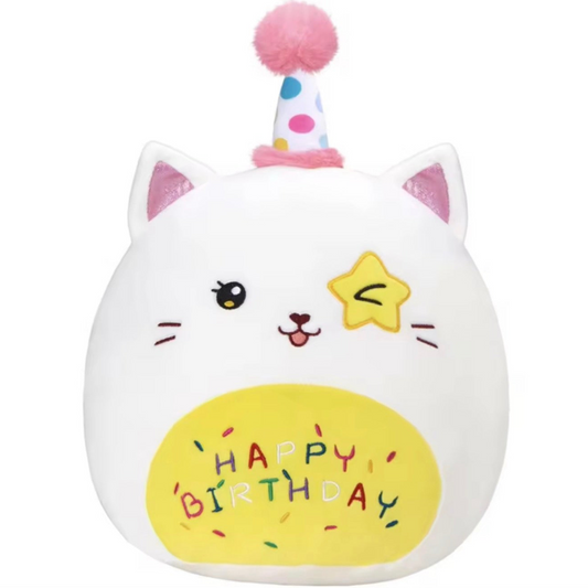 Plush toy with cat ears and a birthday hat 